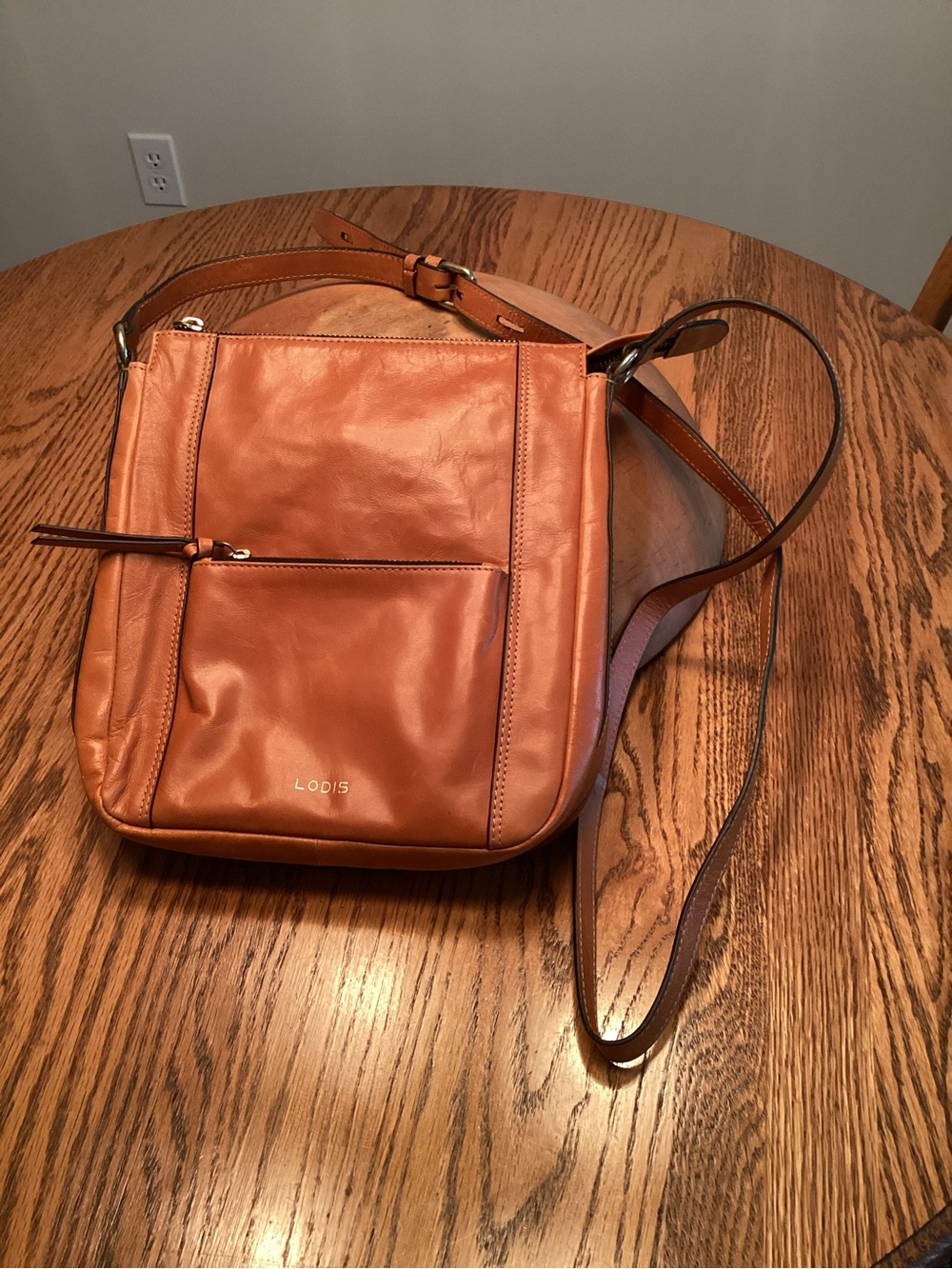 Lodis Cognac Leather Crossbody Bag with Front Zip Pocket